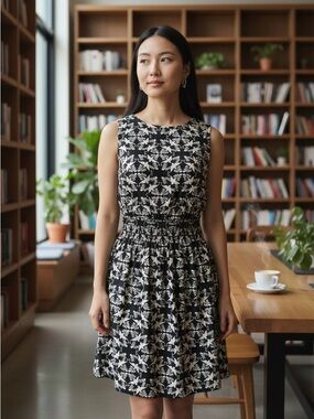 Universal Thread Black & Cream Floral Shirred-Waist Mini Dress